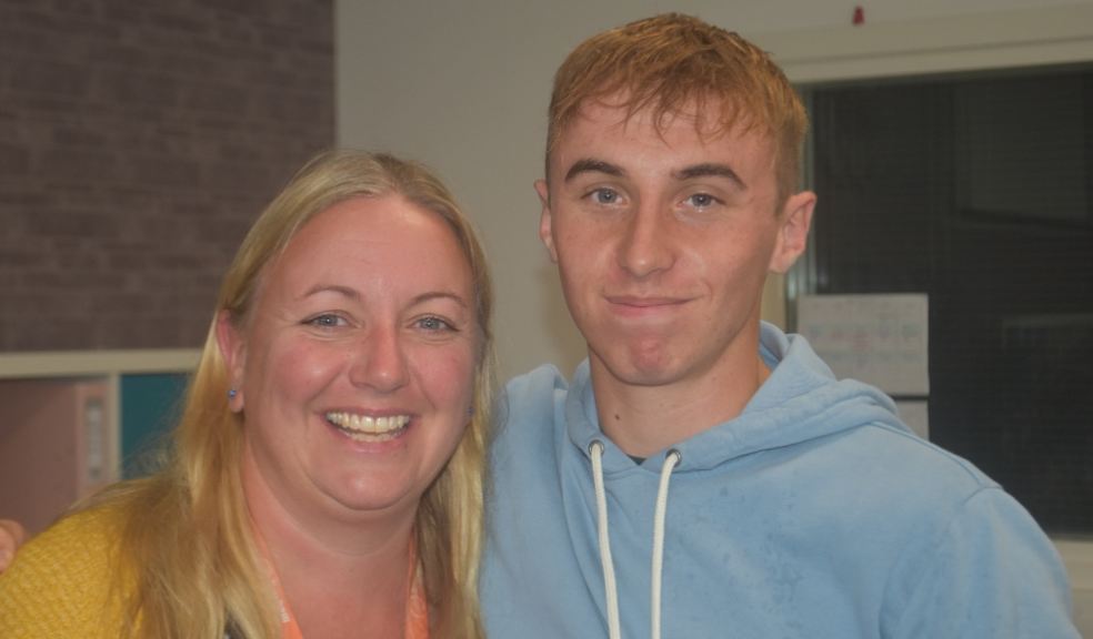 Student Josh with Mum at Brixham College Celebrating his GCSE Results.