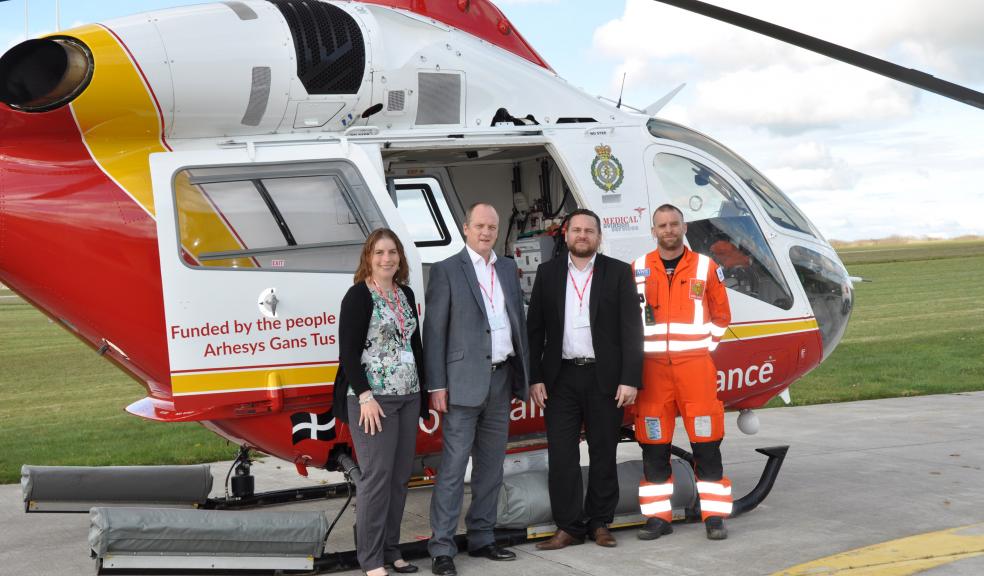 TAKING OFF: Backing the Cornwall Air Ambulance are ITEC Cornwall Account Manager Kathryn Marsh, left, Chief Executive Nick Orme and Cornwall Account Director Kevin Roberts with, right, Cornwall Air Ambulance Trust lead paramedic Steve Garvey