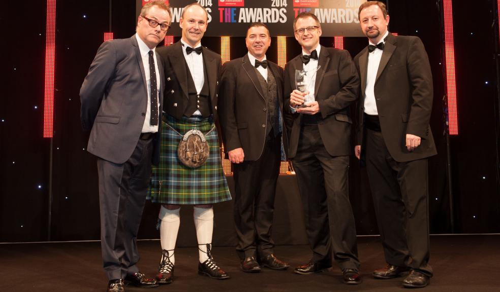 From left: Jack Dee; Andrew McNeil, Global Talent Development Manager, Fugro; Professor Julian Beer, Pro Vice-Chancellor for Regional Enterprise; Dr Richard Thain, Director of the Hydrographic Academy; Justin Shaw, Managing Director, Communications Management (sponsor of the award).