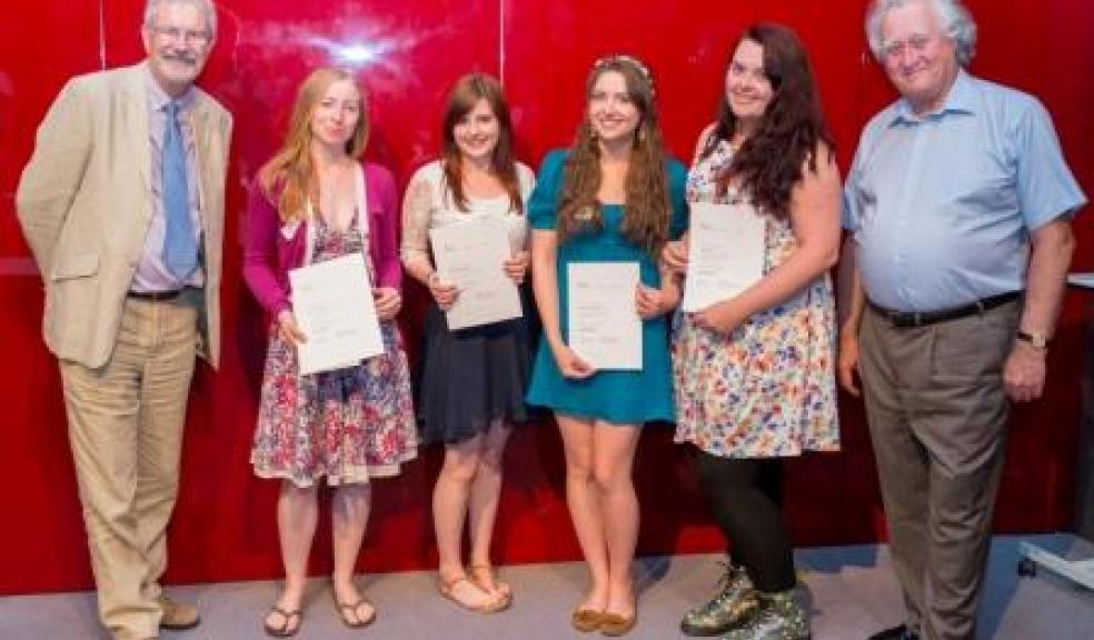 The Young Explainers (middle) with Brian Marsh, British Museum Trustee (right) and Professor Clive Gamble, Marsh Christian Trust (left)