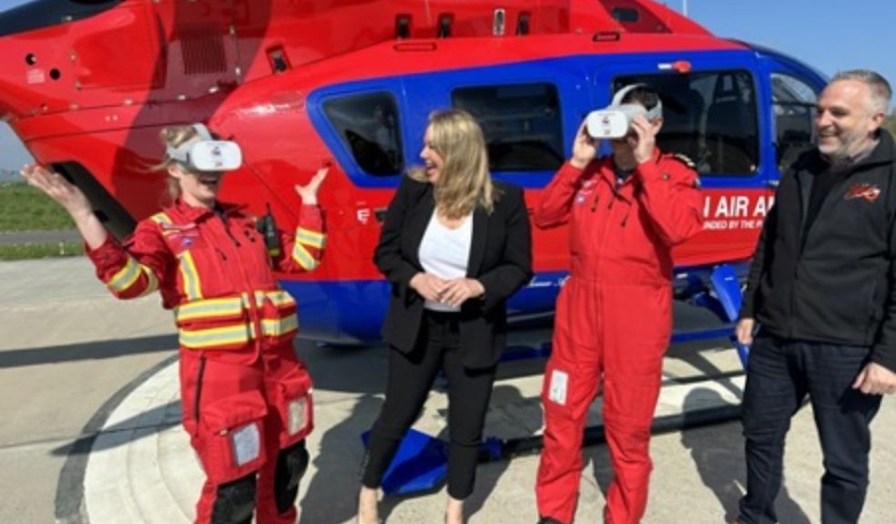 DAA crew members, Specialist Paramedic in Critical Care, Jessica Thomas-Mourne and Pilot Richard Applegarth try out the new VR tour with Head of Marketing & Communications, Charlotte Leventis and Noel Sexton of ViewIT 360