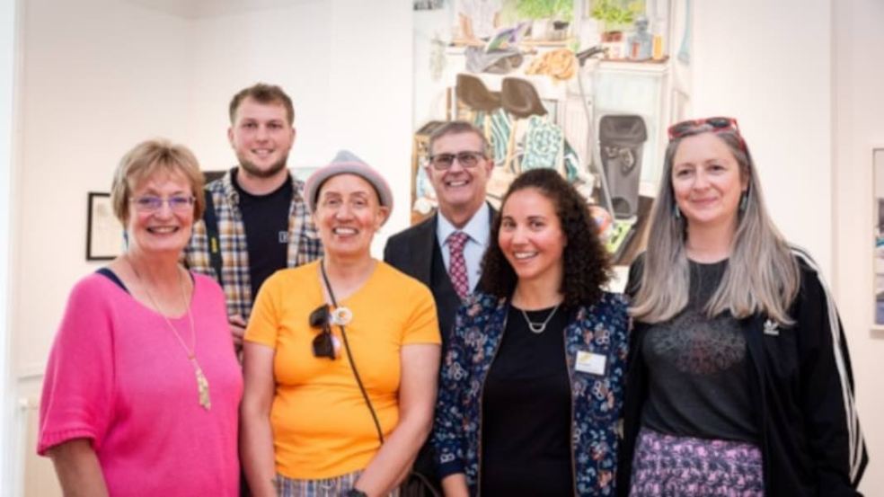 Photo caption: L to R - Heather Penwarden (THG Open Judge), Kyle Baker (THG Open Emerging Artist winner), Sharon James (THG Open overall winner), Councillor Nick Hookway (Portfolio Holder for Culture East Devon District Council), Gemma Girvan (THG Curator), Ella S Mills (THG Open Judge).