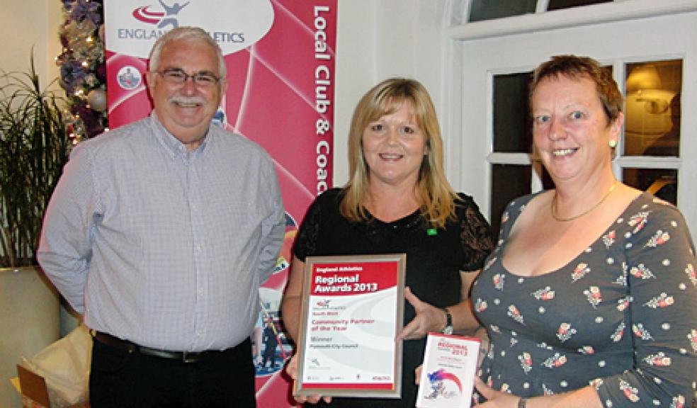 EA South West Chair Nigel Rowe presented the award to Nyrene Dudley from the sports development unit and Councillor Philippa Davey at a special ceremony last night, which recognised and honoured those who have made an outstanding contribution to athletics in England