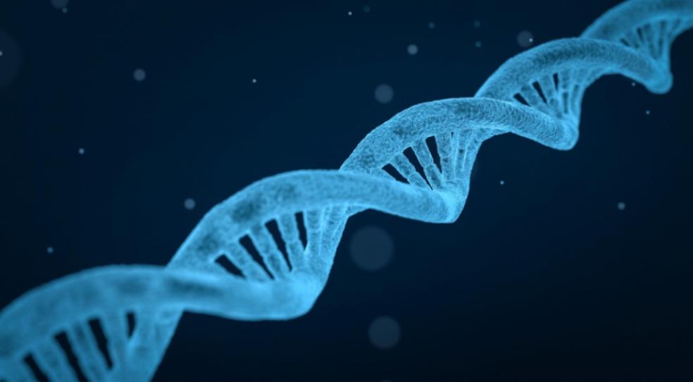 light blue DNA double helix on a dark blue background