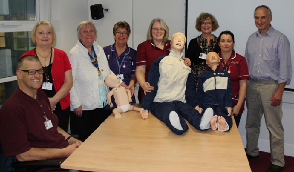 Jackie Williams, Sarah Dormor, Tara Bowman (Resuscitation Training Team), Pete Marquis (BASMU), Jenny Pheby (Charitable Funds), Margaret Salt (Chairman of Derriford League of Friends) and Ruth and Phillip, League of Friends Committee Members
