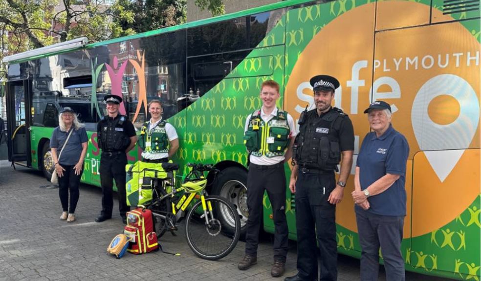 Photo caption: Police officers, Street Pastors and Plymouth Night Patrol pictured in front of the Safe Bus.
