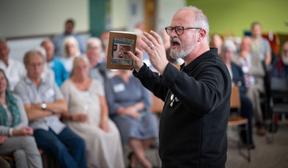 Robin Ince at Exeter Library, July 2024, for 100 years of the Devon Library Service celebration