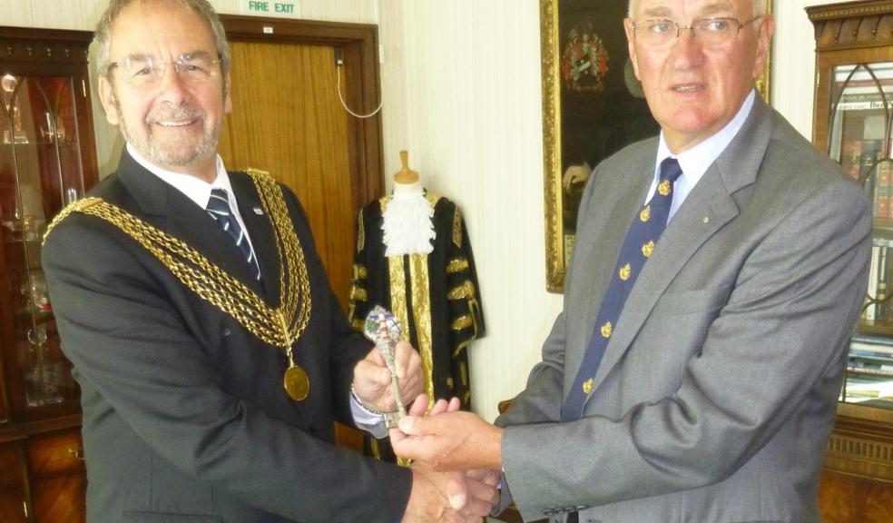William Astley-Jones handing over the key to Lord Mayor of Plymouth Councillor Mike Fox