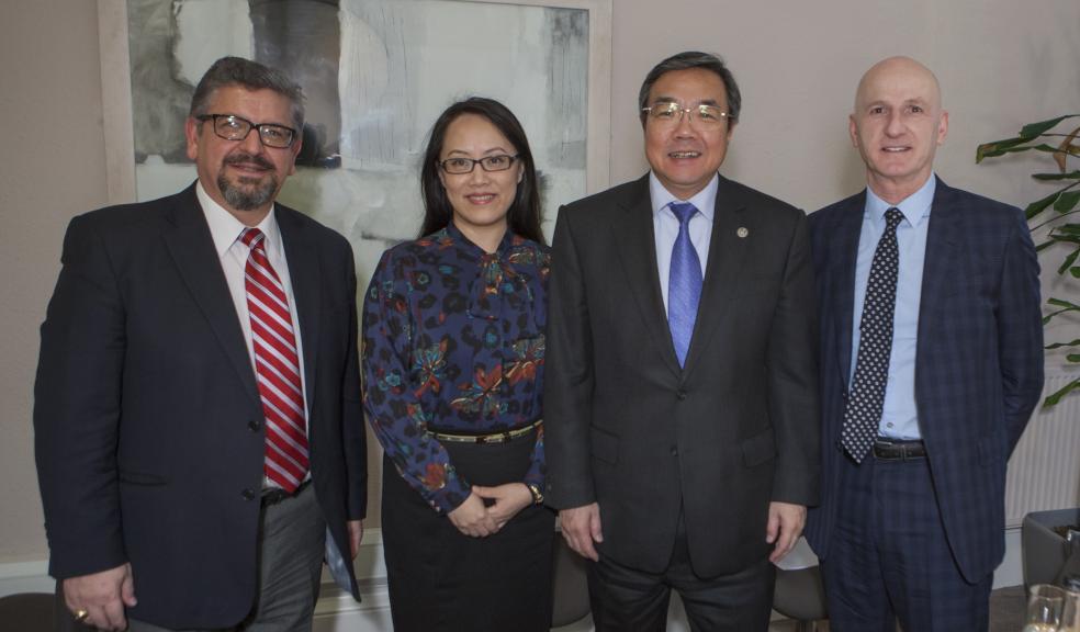 From left: Professor Nikolaos Tzokas, Professor Jingjing Xu, Mr Koji Sekimizu and Professor David Coslett during the Secretary-General’s visit to Plymouth University.