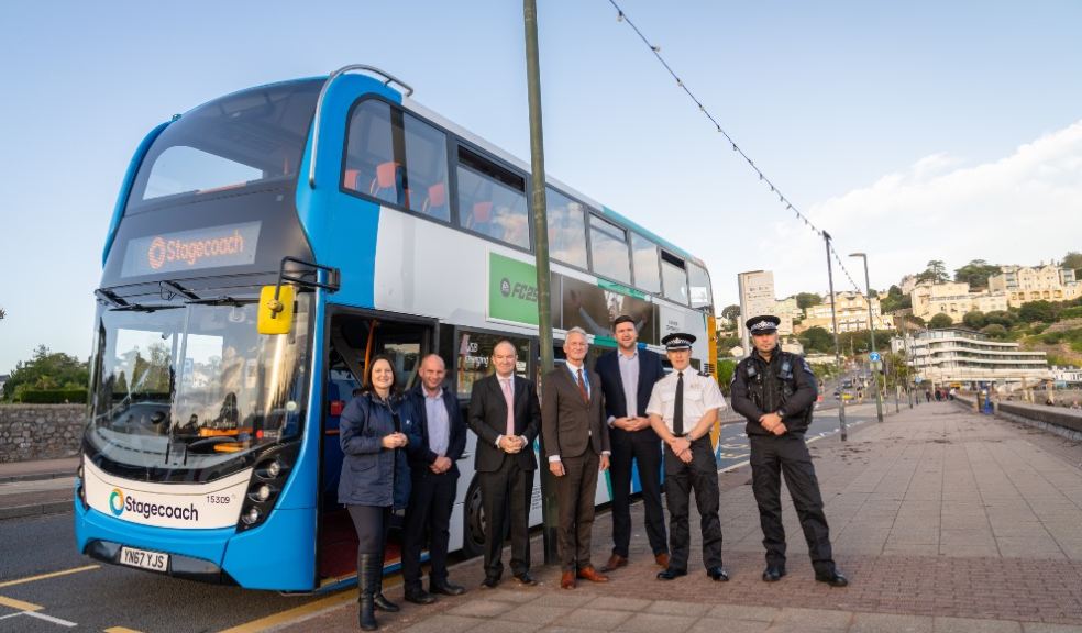 Photo (left to right): Police and Crime Commissioner Alison Hernandez. Simon Ford, Commercial Director of Stagecoach. Councillor Adam Billings. Deputy Police and Crime Commissioner Mark Kingscote. Peter Knight, Managing Director of Stagecoach. Chief Superintendent Roy Linden. Inspector Ben Shardlow.