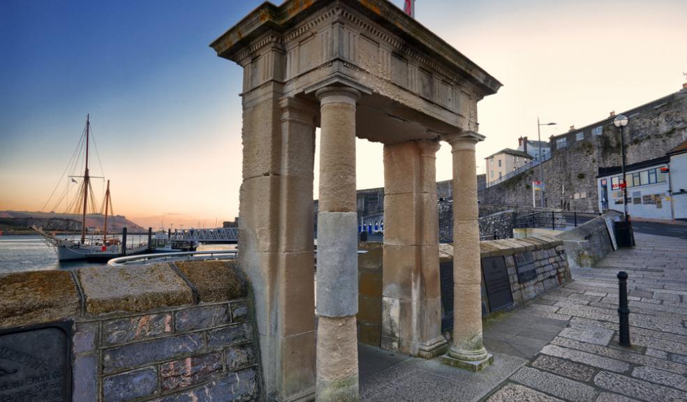 Looking out from Pilgrims Point, above the Mayflower Steps, Plymouth