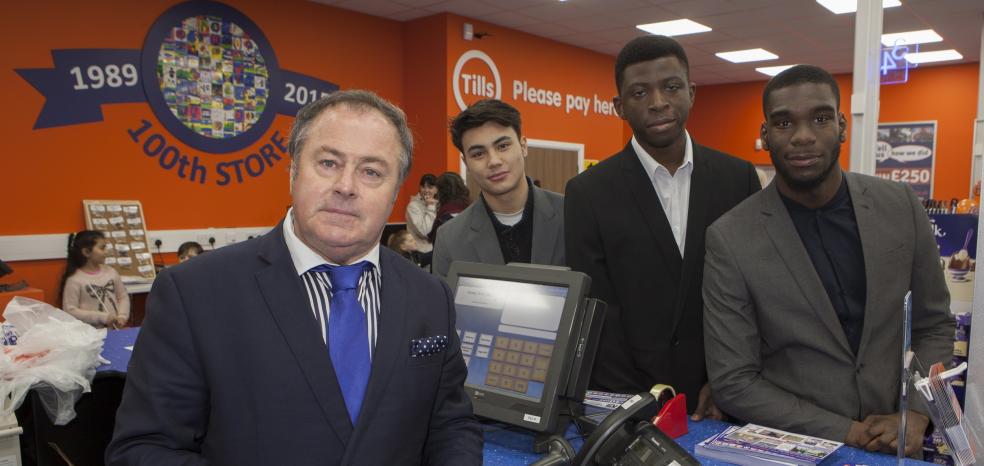 The Range’s Chris Dawson with students William Cowie, Feyikunmi Ogunyeye and Gideon Asamoah at the store opening on Friday 20th February 2015.