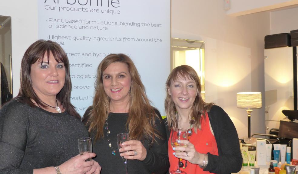 Photograph by Glen King Senior beauty therapists Rachael Reid and Amanda Spivey with Michelle Stanford, Executive District Manager of Arbonne International at the THD Hair & Beauty Salon, Topsham.