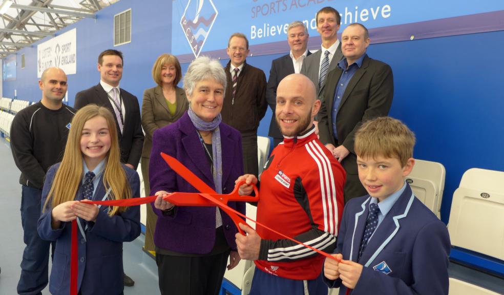 Front Row: Brooke Coldwell (age 12 - runs cross country for Devon, part of the gifted and talented group) / Jane English (Principal of PCSA) / Peter Waterfield (Olympic Silver Medallist) / Herbie Sage (age 11 - part of the table tennis scholarship team and the gifted and talented group) Back Row: Jay Carter (Community Use Manager PCSA) / David Carpenter (Director of Sport and Associate Principal) / Sara Livesey (Chair of Governors) / Tim Williams (Aecom) / Mark Coton and Paul Yandall (Haldons Ltd.) / Mark Lennox (SML Contracts). Photograph by Glen King.