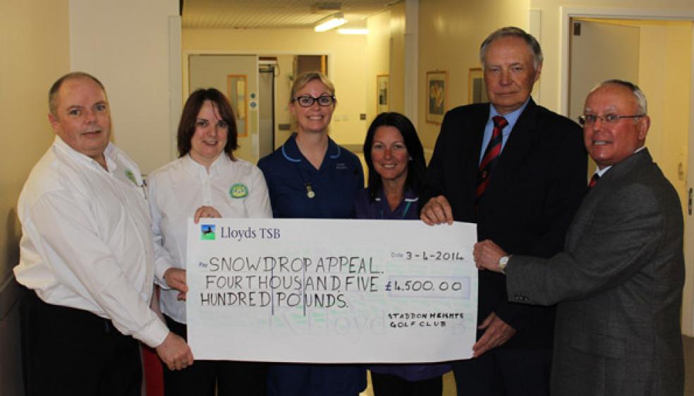 Pictured (L-R): Greg and Jen Phillips of the Snowdrop Appeal, Jo Bunker - Midwife, Nicky Phillips - Matron, Bob Lee - Charitable Organiser for Staddon Heights, Brian West - Staddon Heights Club Captain 2013