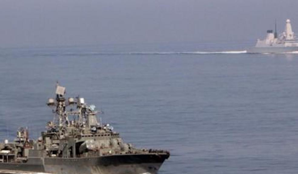 Russian Destroyer the Vice Admiral Kulakov accompanied by the HMS Dragon (background) Photo courtesy of Royal Navy