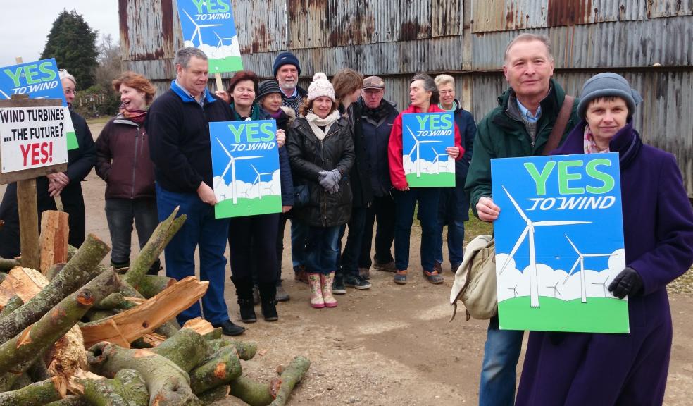 Molly Scott Cato (far right, in purple) with ‘Yes’ campaigners who are supporting Slyer's Lane windfarm near Dorchester. Molly was pleased to lend her support to this campaign.