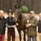 Exeter Racecourse clerk of the course Jason Loosemoore, jockey Brendan Powell, JPR One, trainer Joe Tizzard, Exeter Racecourse general manager Jack Parkinson. Photo: Exeter Racecourse.