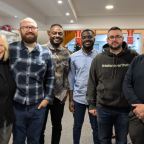 Southern Healthcare nurses celebrate completing their diploma. L-R Margot Whittaker with Phillip Adams, Francis Agyei, Philip Yeboah, Cosmin Lupoi and Geoffrey Cox.