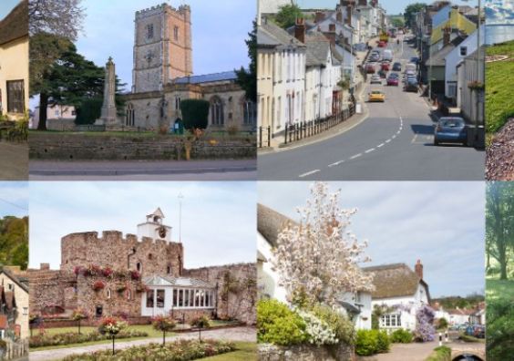 Eight heritage locations across East Devon - Broadhembury cottages, Axminster church, Honiton town, Orcombe Point, Beer, Connaught Gardens, Otterton, and Blackbury Camp.