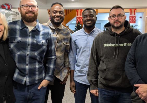 Southern Healthcare nurses celebrate completing their diploma. L-R Margot Whittaker with Phillip Adams, Francis Agyei, Philip Yeboah, Cosmin Lupoi and Geoffrey Cox.