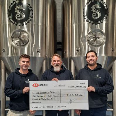 L to R, Jordan Mace, Managing Director of Salcombe Brewery Co., Neil Garrick-Maidment, Founder of The Seahorse Trust, Sam Beaman, Head Brewer of  Salcombe Brewery Co.