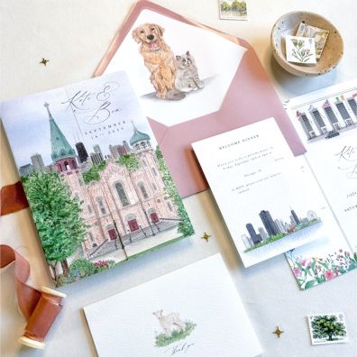 luxury watercolour wedding stationery dog illustration