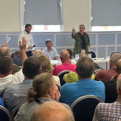 Devon MP Sir Geoffrey Cox addresses a public meeting in Torrington about the proposed Devon Data Cen