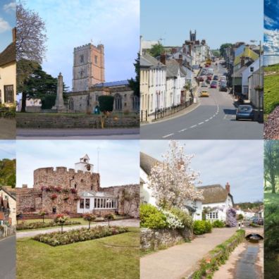 Eight heritage locations across East Devon - Broadhembury cottages, Axminster church, Honiton town, Orcombe Point, Beer, Connaught Gardens, Otterton, and Blackbury Camp.