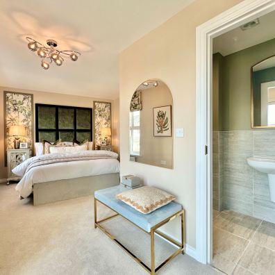 Botanical print wallpaper panels frame the bed in the Elstone’s primary bedroom (pic courtesy of Webbers)