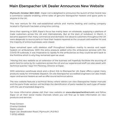 Espar Press Release Announcing New Website Eberspacher Direct