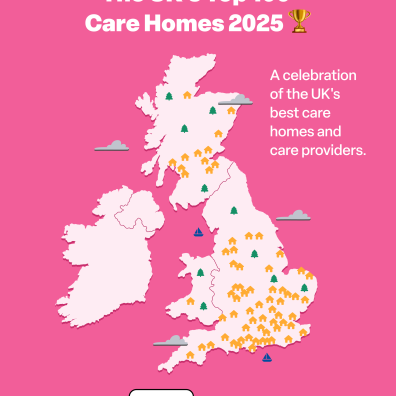A map of the UK showing where the UK's Top 100 Care Homes are located