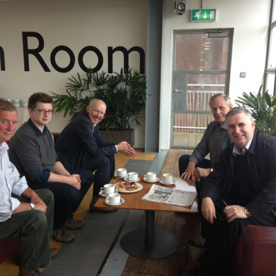 L-R: Volunteer Ivan Carr; Prince’s Trust supported entrepreneur Ben Gray; and volunteers Edward Shaw; John Invest and Roger Crumpton take a break at the Theatre Royal Plymouth.