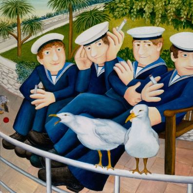 Sailors and Seagulls by Beryl Cook. Courtesy of www.ourberylcook (C) John Cook 2025.