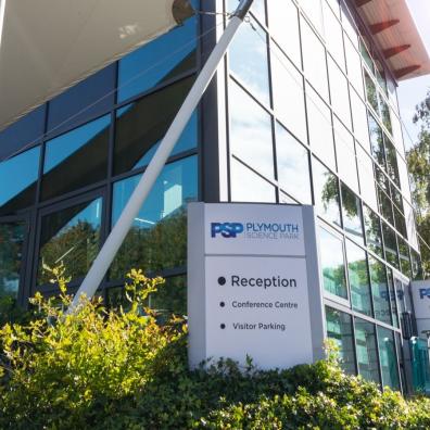 A photograph showing the main reception of Plymouth Science Park on a sunny day