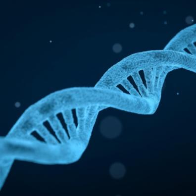 light blue DNA double helix on a dark blue background