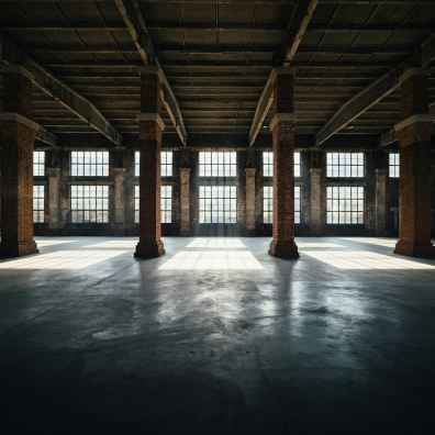 An empty industrial warehouse interior with brick columns, a concrete floor, and tall windows letting in light