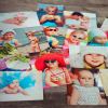 Several photo prints of babies are displayed