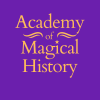 A square logo with gold lettering reading 'Academy of Magical History' on a purple background