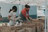 Two women in masks packing food bags